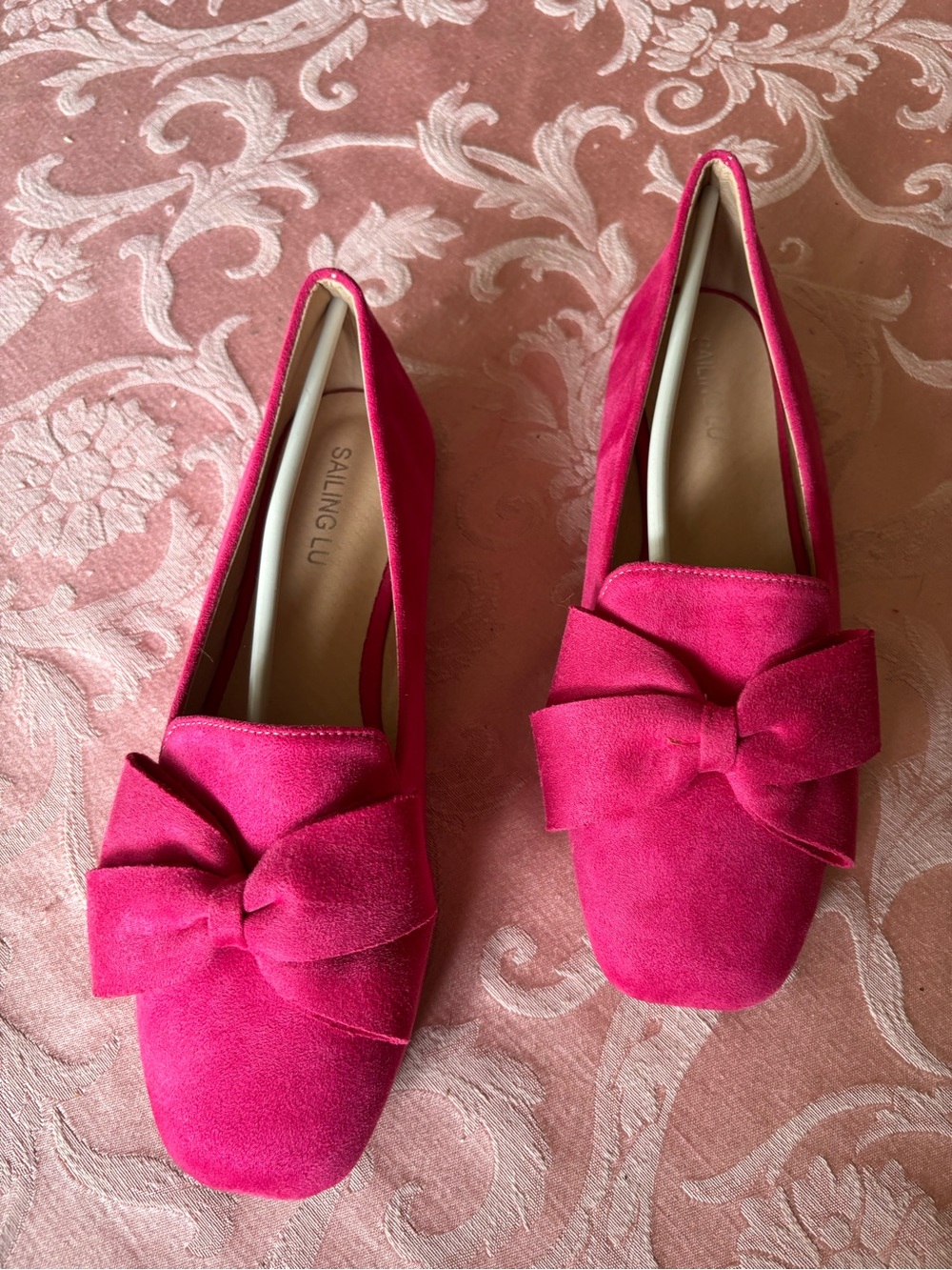 Women's Hot Pink Bow Faux Suede Flats